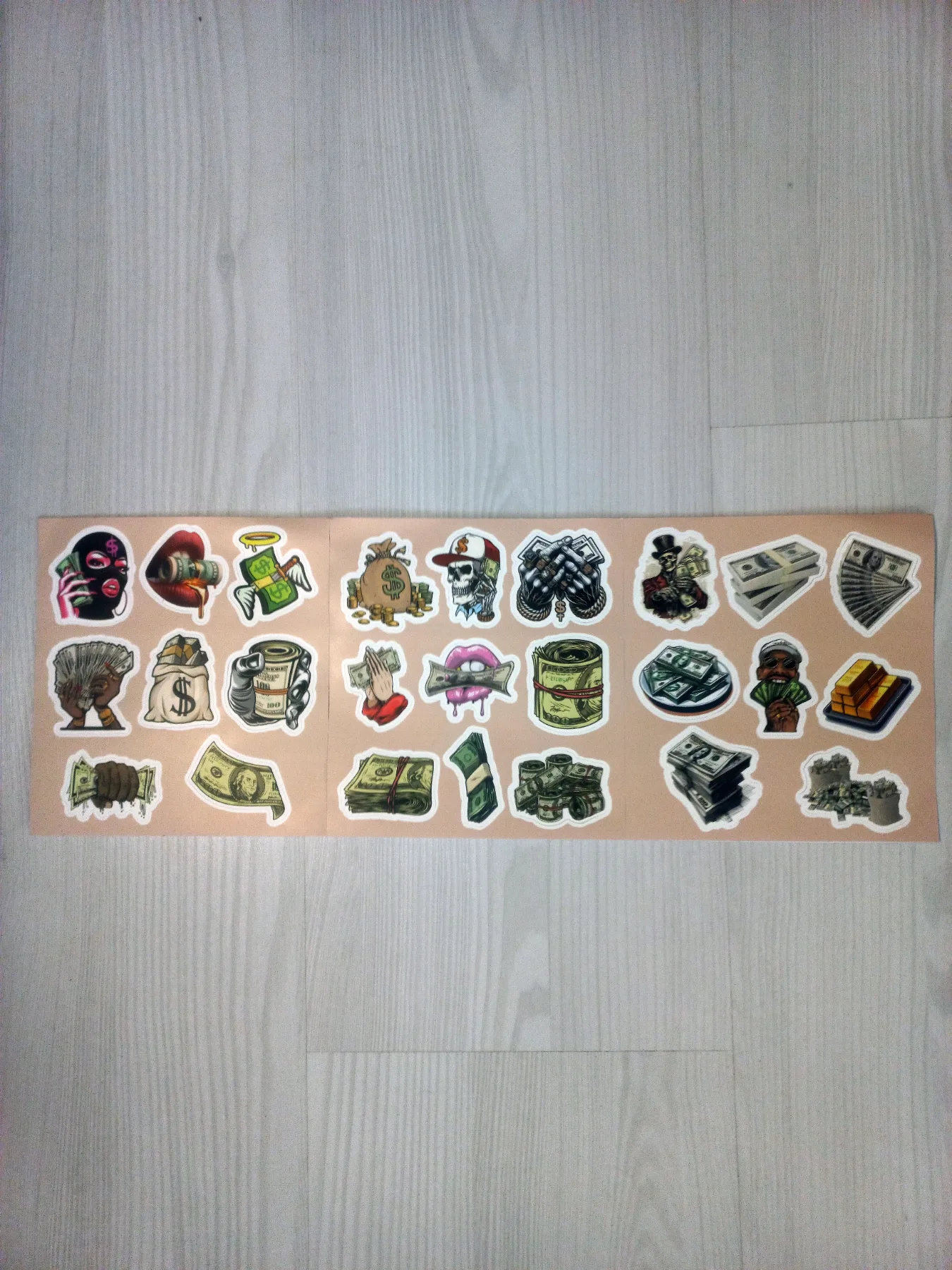 Colecție de 50 de stickere money cu bani cash, monede, simboluri ale succesului și designuri streetwear