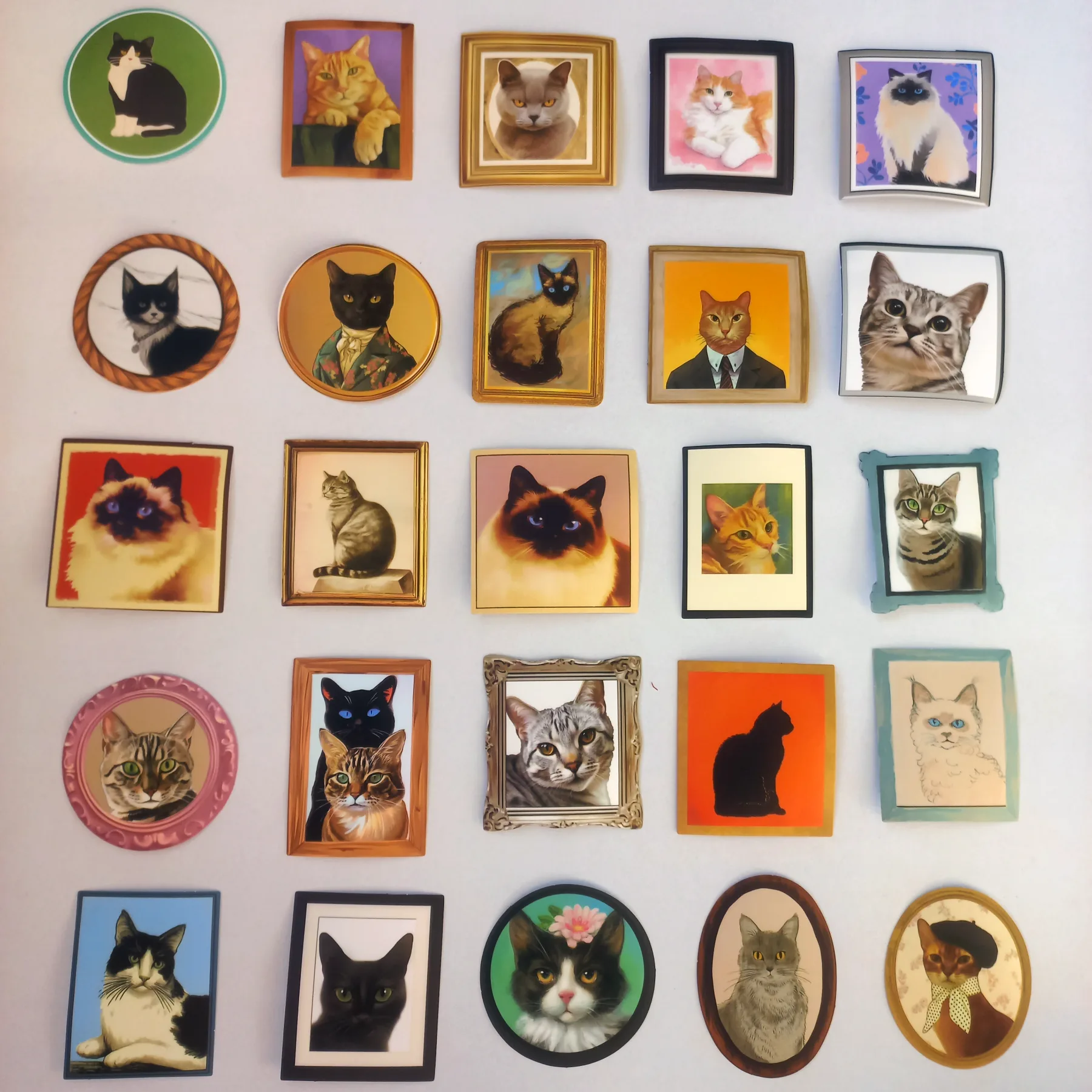 Colecție de stickere cu portrete de pisici simpatice, elegante și amuzante în rame colorate