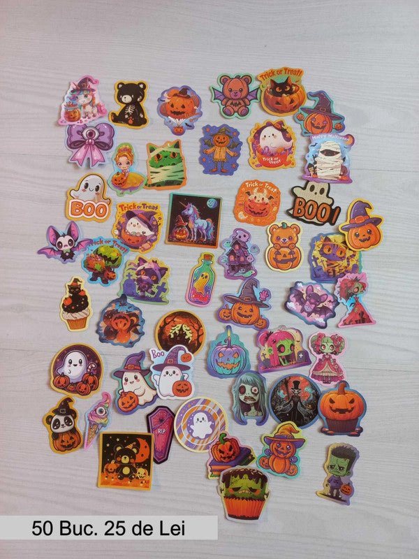Stickere Halloween cu dovleci, fantome și vrăjitoare, colorate și rezistente la apă.