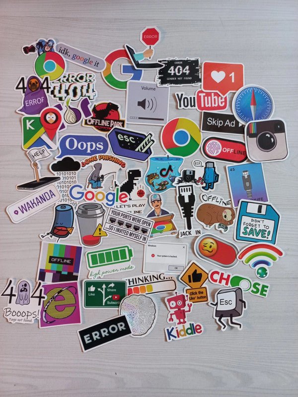 Set 50 stickere Internet cu meme, emoji și simboluri online, perfecte pentru laptop și telefoane.