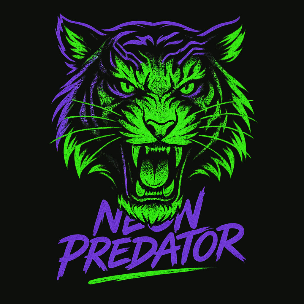 Design digital Neon Predator cu tigru verde și violet în stil neon, ideal pentru tricouri și stickere