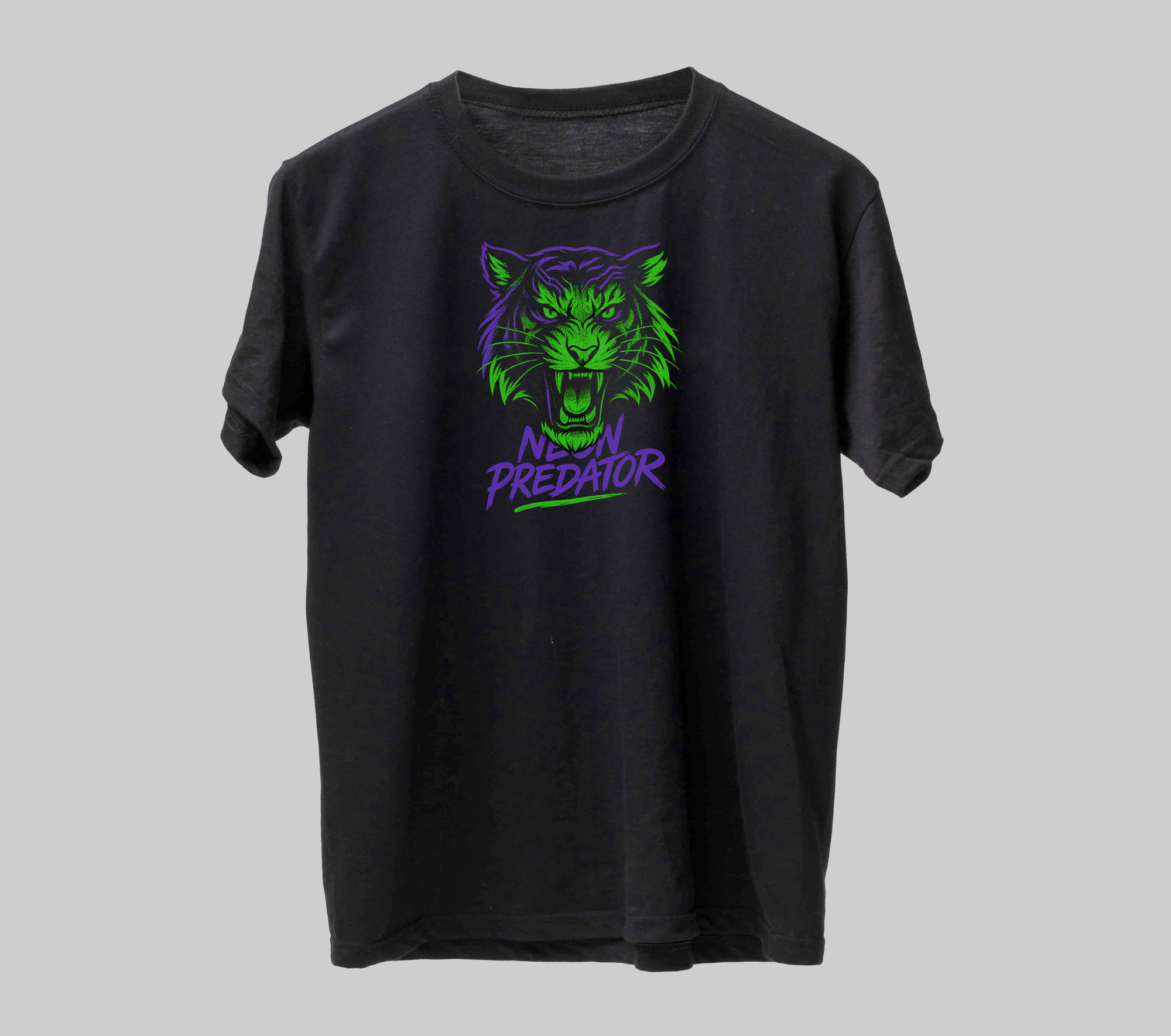 Grafică urbană Neon Predator – tigru feroce glow pentru print DTF și artă digitală