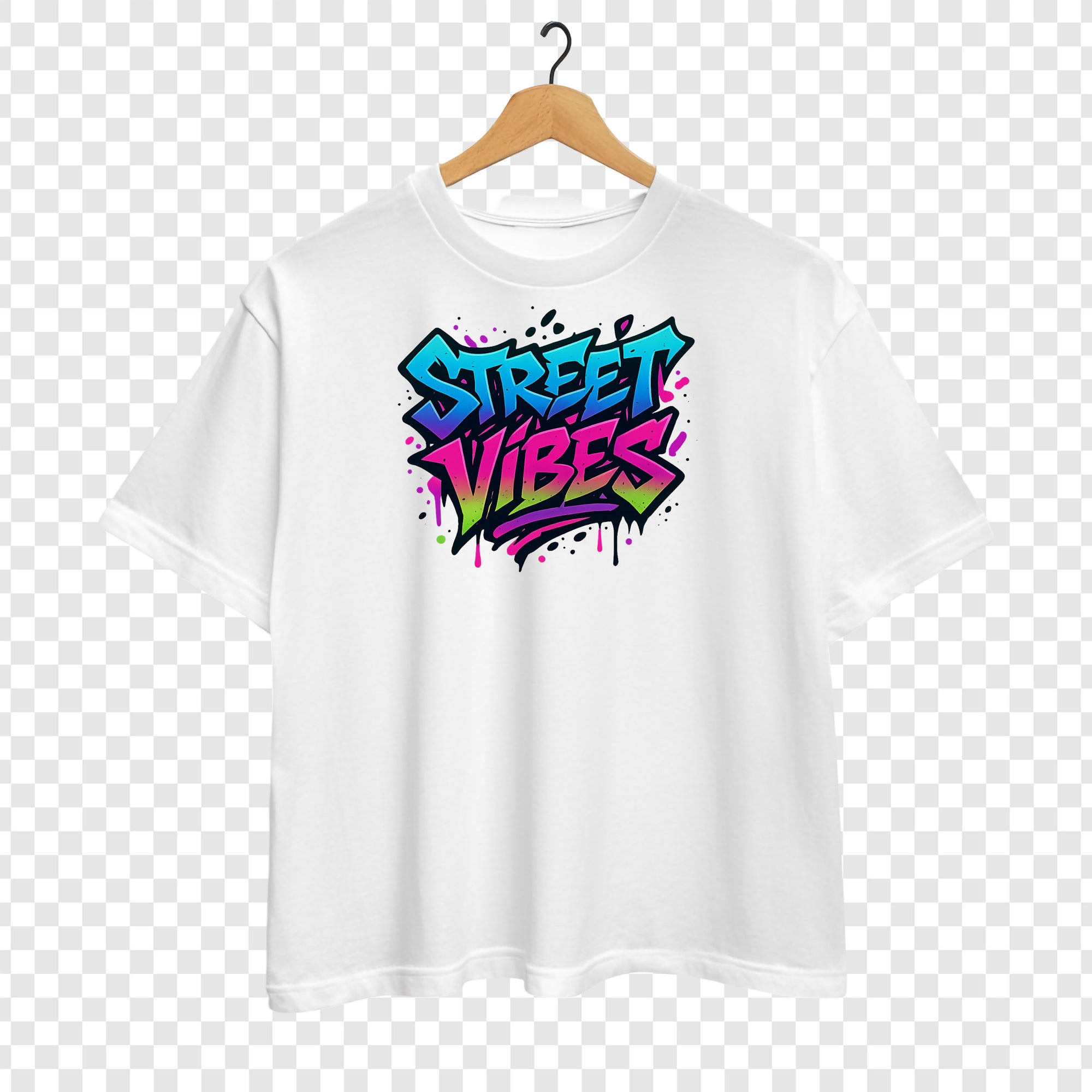 Mock-up tricou alb cu design graffiti Street Vibes în culori neon