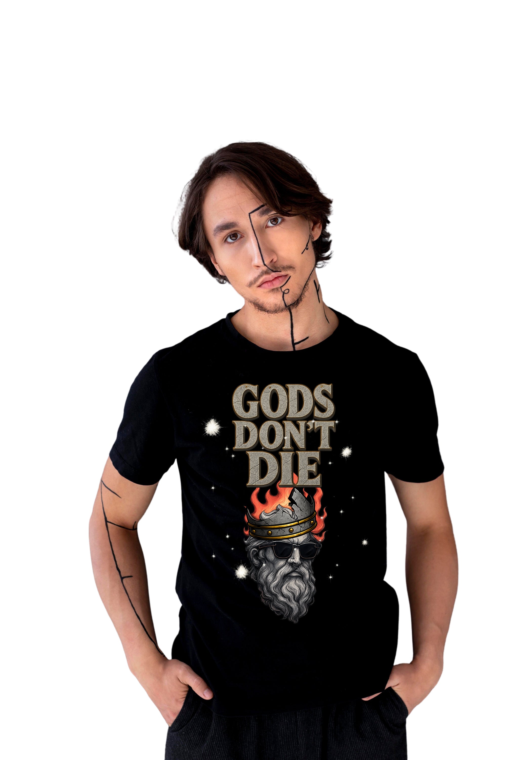 Tricou negru cu design “Gods Don’t Die” – grafică mitologică și flăcări aurii