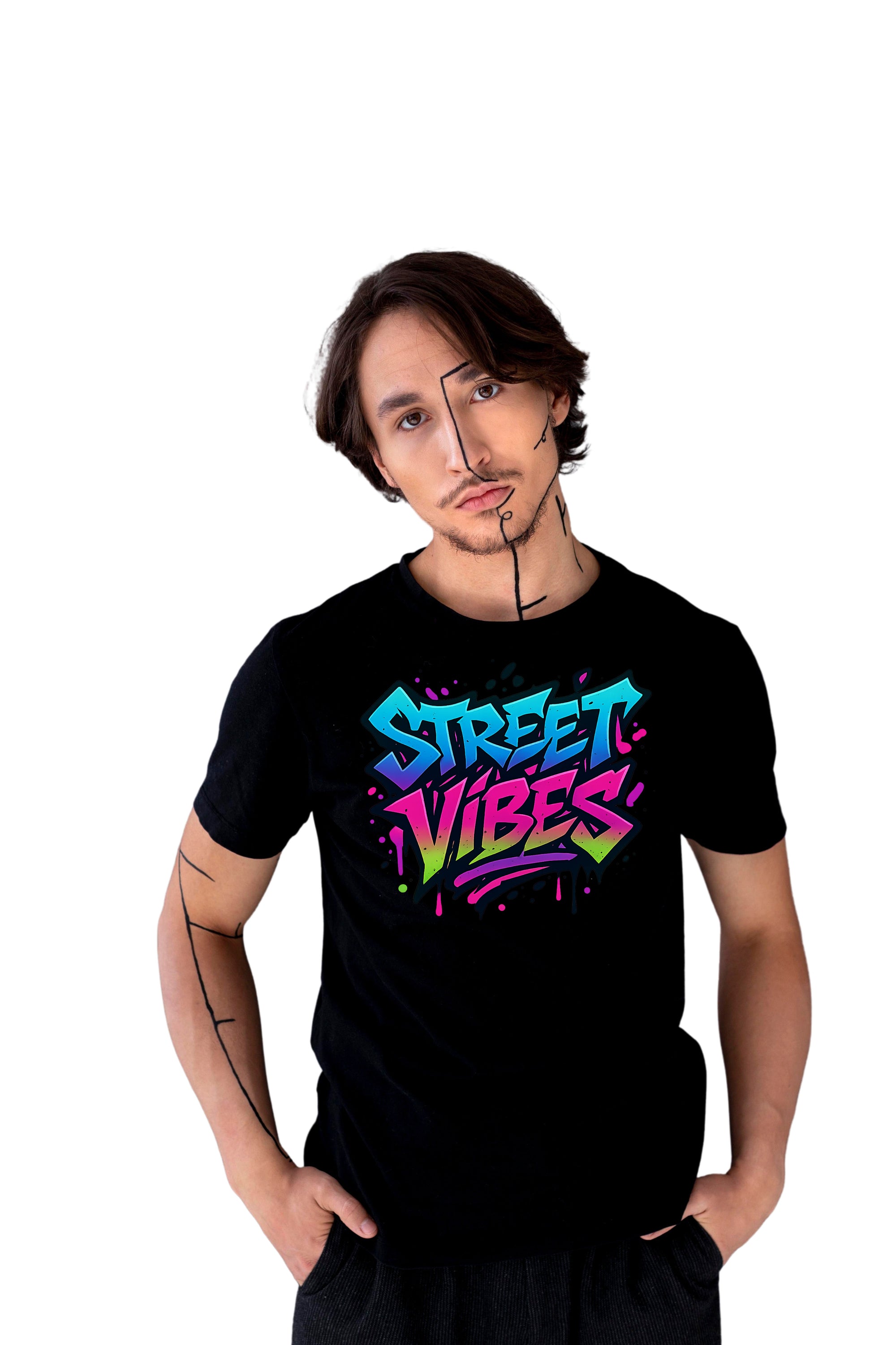 Mock-up tricou negru cu grafică urbană Street Vibes pentru streetwear